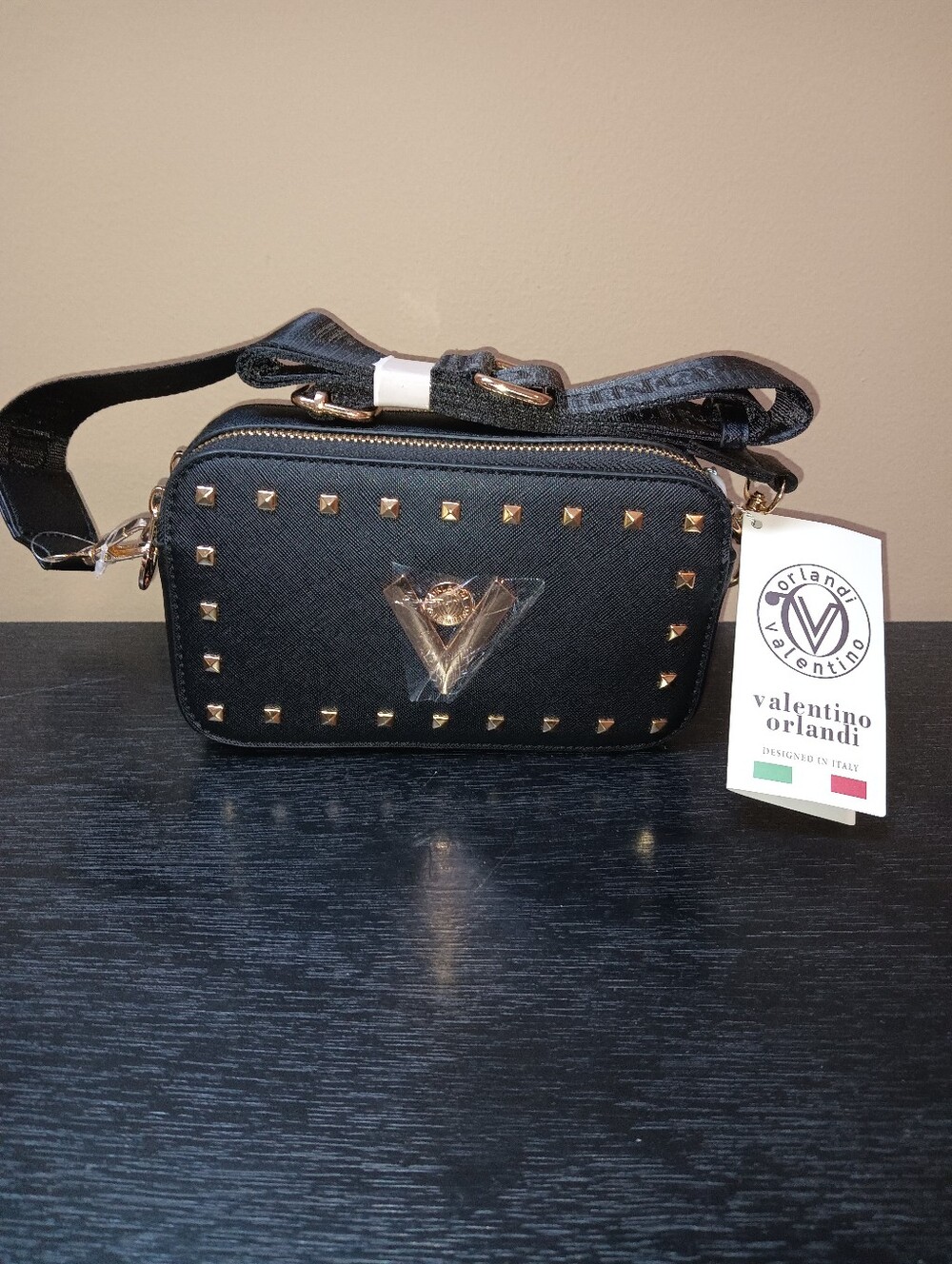 Valentino Orlandi Black Crossbody Bag with Gold Studs